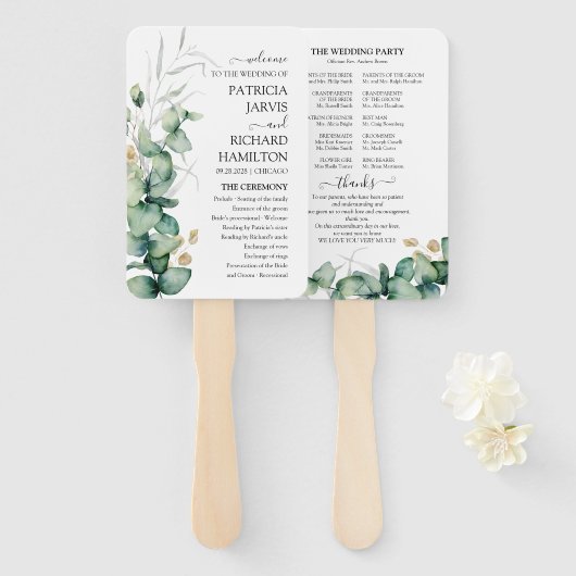 Éventail Programme de mariage vert Aquarelle Eucalyptus (Devant et derrière)
