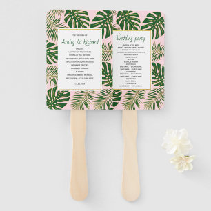 Éventail Programme de mariage vert, or tropical feuille ros