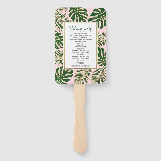 Éventail Programme de mariage vert, or tropical feuille ros (Dos)