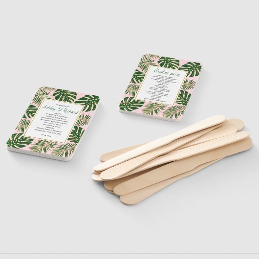 Éventail Programme de mariage vert, or tropical feuille ros (Non-assemblé)