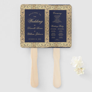 Éventail Programme de mariage vintage Rose en or bleu marin