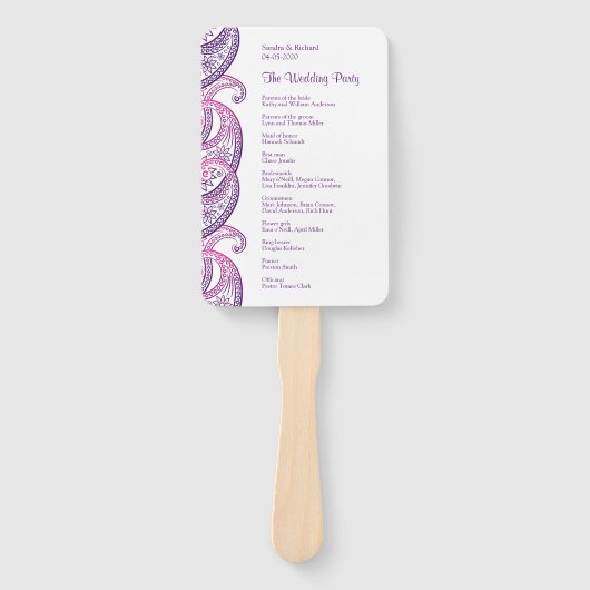 Éventail Programme de mariage violet et rose de l'Indien Pa (Devant)