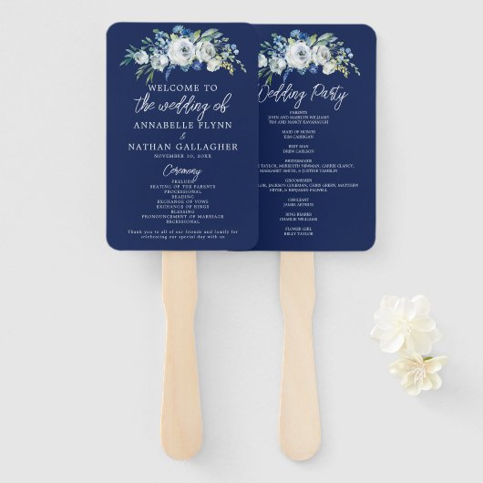 Éventail Programme de mariages d'hiver moderne Floral bleu  (Devant et derrière)
