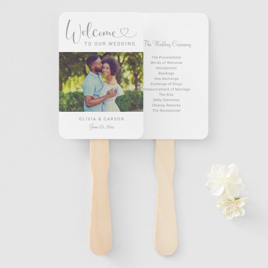 Éventail Programme de photo de mariage à l'écriture argenté (Devant et derrière)