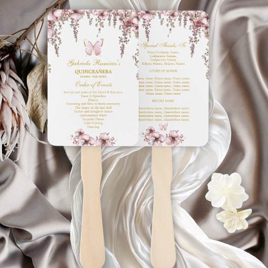 Éventail Programme de Quinceañera Papillon Doré Rose Carmin