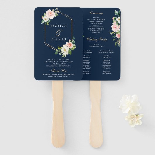 Éventail Programme de ventilateur Mariage Blue Gold Blush d (Devant et derrière)