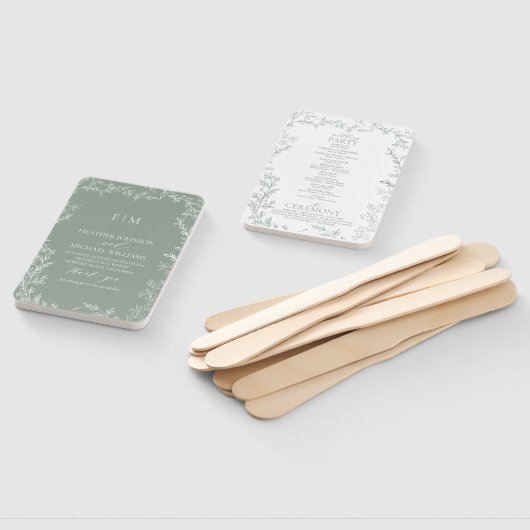 Éventail Programme Élégant de mariage Monogramme Sage Feuil (Non-assemblé)