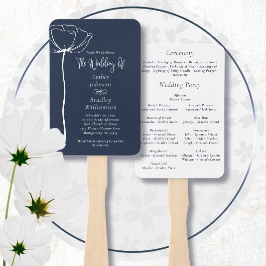 Éventail Programme floral minimal simple bleu marine blanc
