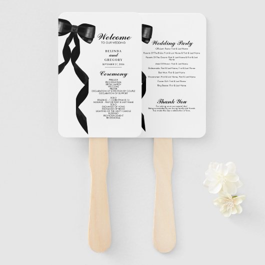 Éventail Programme Formal Black Bow Ribbon Élégant Mariage (Devant et derrière)