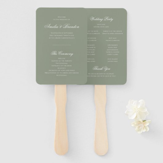 Éventail Programme Formal Sage Green & White Script Wedding (Devant et derrière)