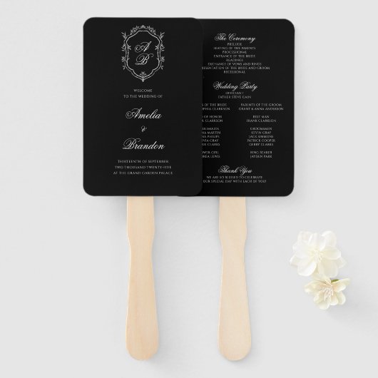 Éventail Programme Formel Black Floral Monogram Crest Weddi (Devant et derrière)