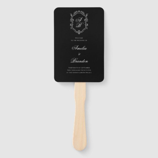 Éventail Programme Formel Black Floral Monogram Crest Weddi (Devant)