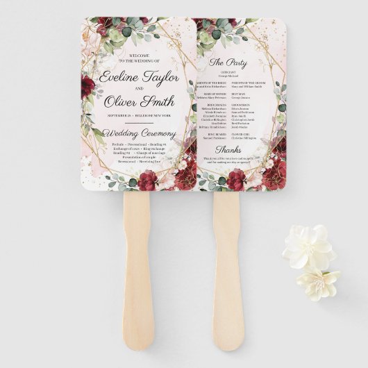 Éventail Programme géométrique floral bordeaux roux (Devant et derrière)