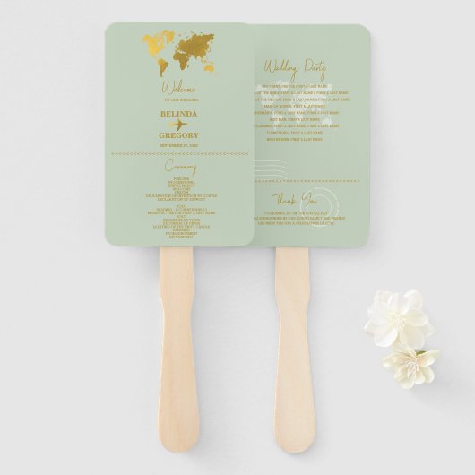 Éventail Programme mariage Passport Sage Green Gold (Devant et derrière)