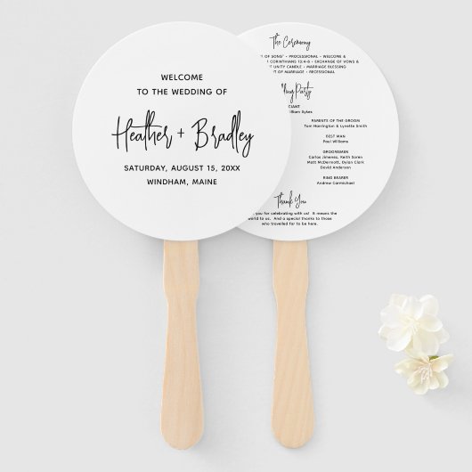 Éventail Programme minimaliste de mariage moderne noir et b (Devant et derrière)