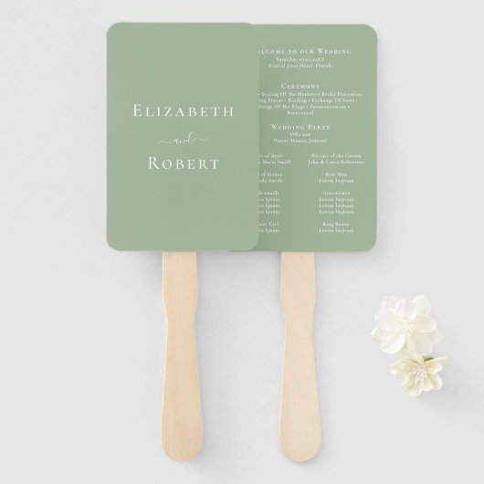 Éventail Programme minimaliste moderne de mariage vert Sage (Devant et derrière)