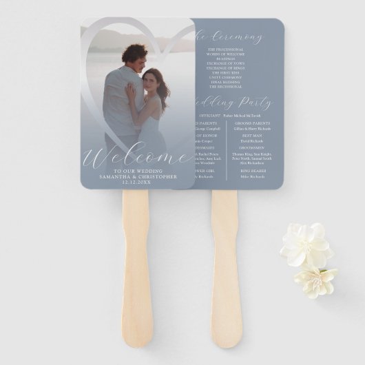 Éventail Programme moderne de mariage blanc bleu et argent  (Devant et derrière)