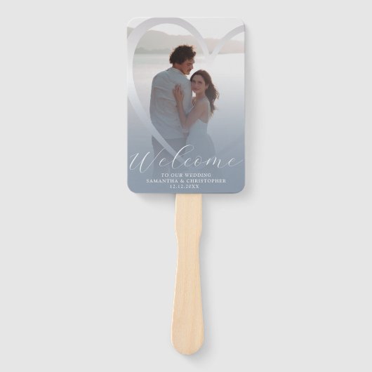 Éventail Programme moderne de mariage blanc bleu et argent (Devant)