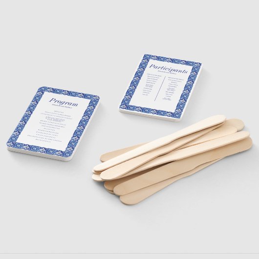 Éventail Programme moderne de mariage bleu blanc méditerran (Non-assemblé)