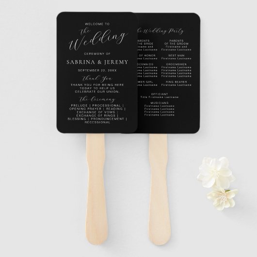 Éventail Programme moderne de mariage de script noir et bla (Devant et derrière)