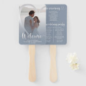 Éventail Programme moderne de mariage du coeur bleu et arge (Devant et derrière)