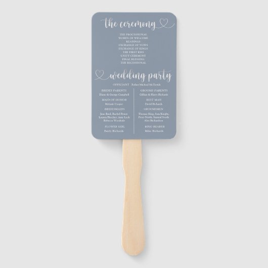 Éventail Programme moderne de mariage du coeur bleu et arge (Dos)