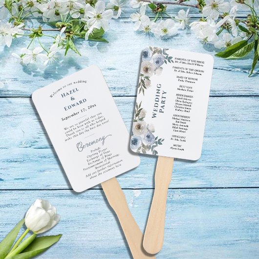 Éventail Programme moderne de mariage floral bleu Dusty