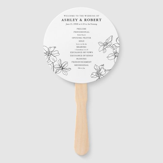 Éventail Programme moderne de mariage floral noir et blanc (Devant)