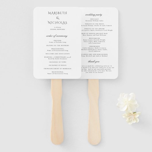 Éventail Programme moderne de mariage noir et blanc classiq (Devant et derrière)