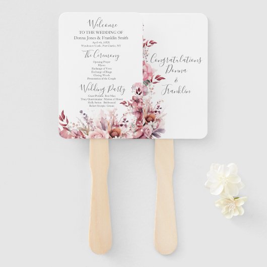 Éventail Programme moderne de mariage rose Rose Dusty (Devant et derrière)