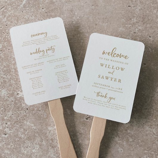 Éventail Programme Rustique de mariage de script or Ventila