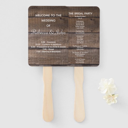 Éventail Programme simple de mariage rustique en bois Venti (Devant et derrière)