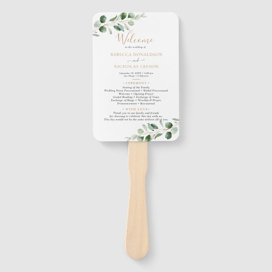 Éventail Programme simple Eucalyptus Greenery Gold Wedding (Devant)