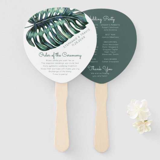 Éventail Programme Tropical Monstera Palm Leaf Wedding (Devant et derrière)