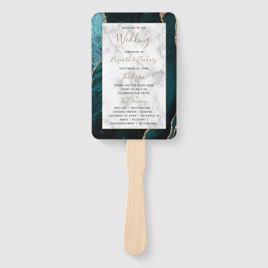 Éventail Programme turquoise de mariage en marbre d'âge or (Devant)