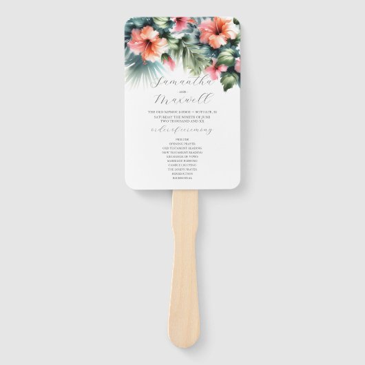 Éventail Programmes de mariage aquarelle Hibiscus tropical (Devant)