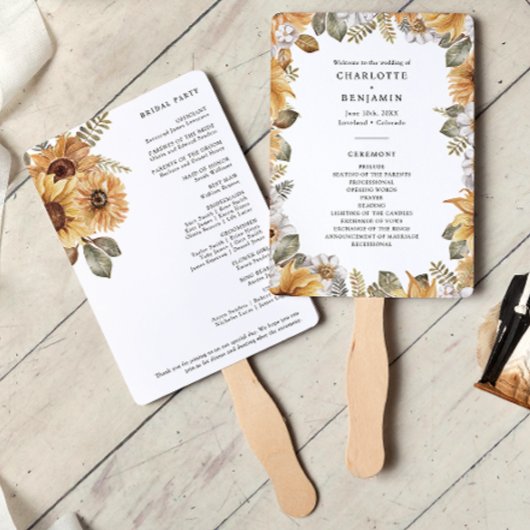 Éventail Programmes de mariage au tournesol rustique