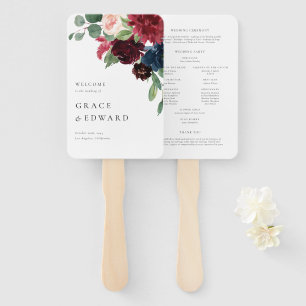 Éventail Programmes de mariage Fleurs Bourgogne et Bleu Nui