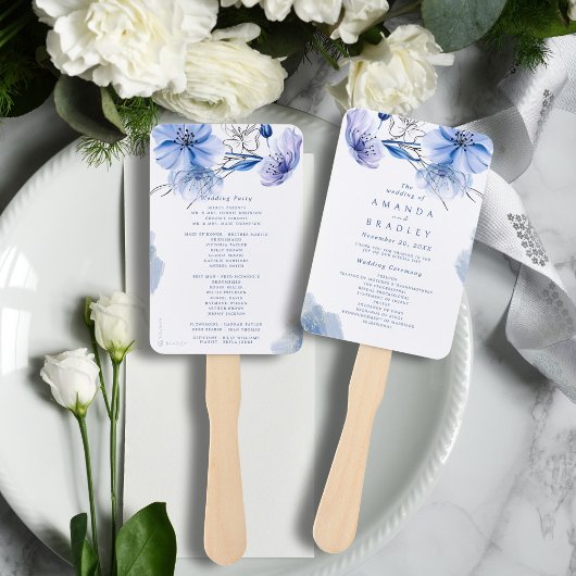 Éventail Programmes de mariage floraux pailletés or et bleu