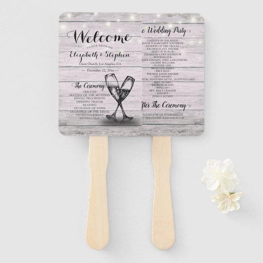 Éventail Programmes de mariage Verre de champagne Bois rust (Devant et derrière)