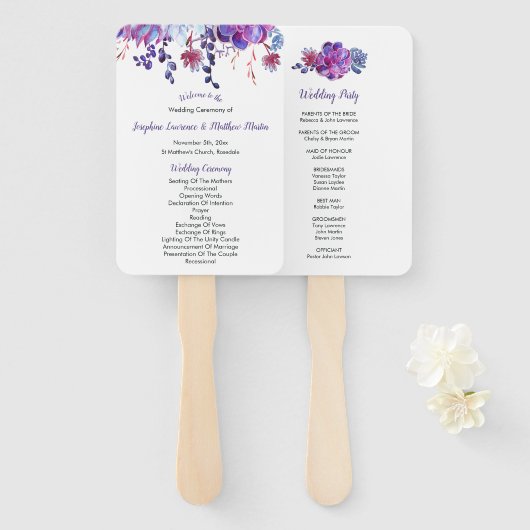 Éventail Purple Aquarelle Succulents Programmes de mariage (Devant et derrière)
