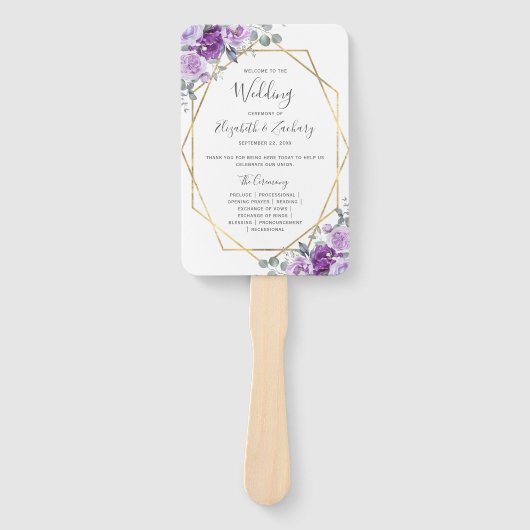 Éventail Purple Floral Gold Frame Wedding Programme (Devant)