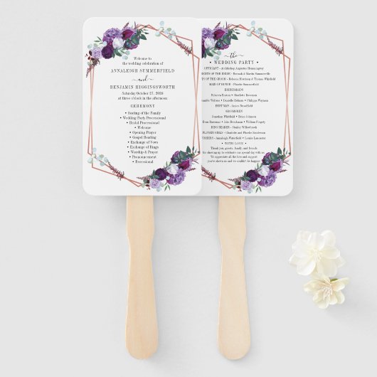 Éventail Purple Floral Rose Gold Programme de mariage géomé (Devant et derrière)