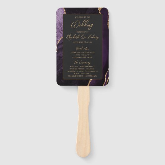 Éventail Purple Gold Agate Dark Script Wedding Programme (Devant)
