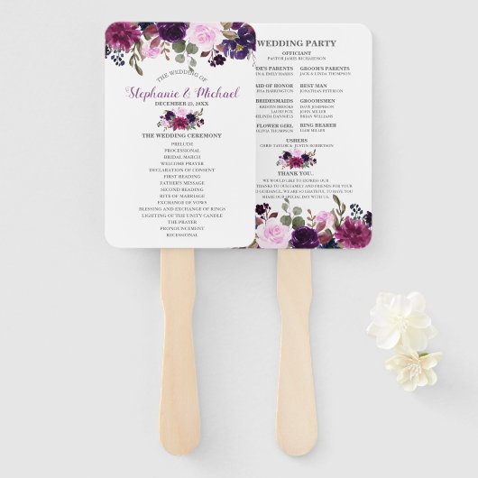 Éventail Purple Lavender Floral Boho programme de mariage (Devant et derrière)