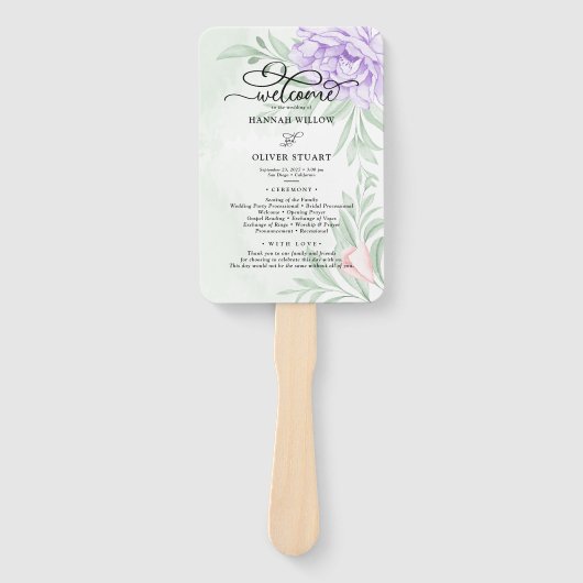 Éventail Purple Peony Rose Green Programme de mariage Feuil (Devant)