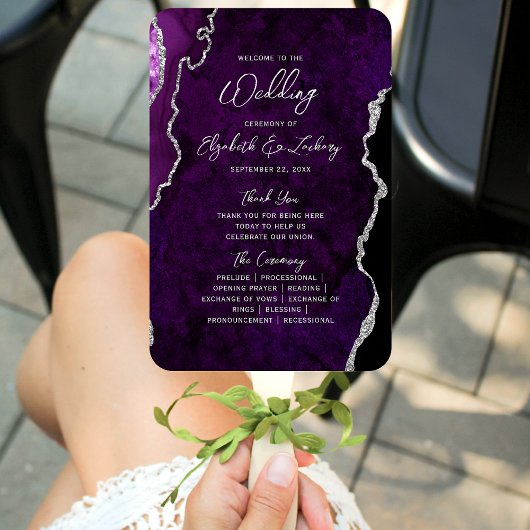 Éventail Purple Silver Agate Script Wedding Program