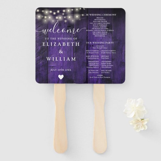 Éventail Purple String Lights Rustic Wood Wedding Programme (Devant et derrière)