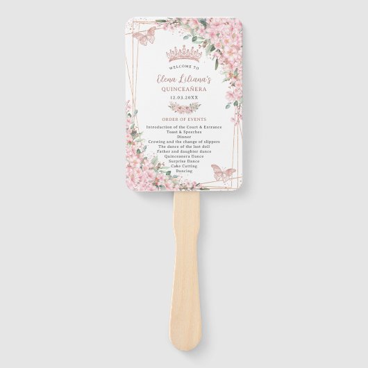 Éventail Quinceañera Cherry Blossoms Rose Gold Programme (Devant)