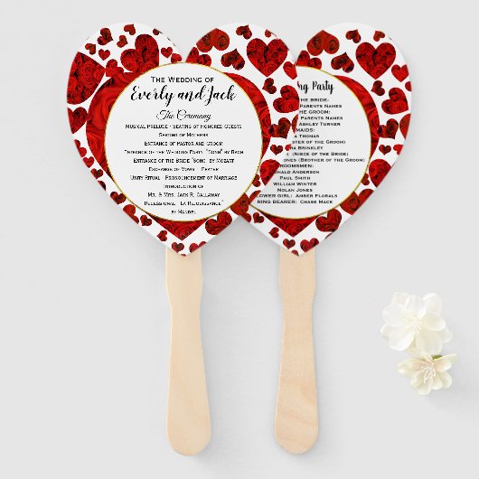Éventail Red Hearts and Rose Wedding Program Elegant Gold (Devant et derrière)